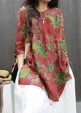 Lose rote Print Side Open Baumwolle Blusen Sommer